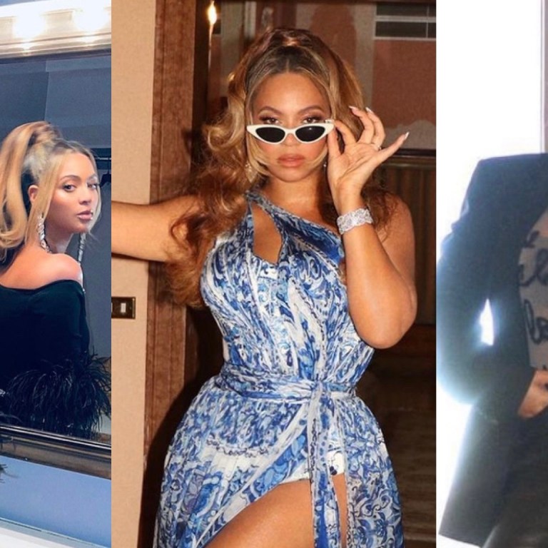 Beyoncé Graces Our Instagram Feeds With Three New Looks Wearing Custom Dolce and Gabbana Blue and White Tile Print Dress, Saint Laurent Black Feather Trim Ribbed Romper, and Vintage Jean Paul Gaultier Mesh Turtleneck Top and Alice and Olivia Leather Flared Pants