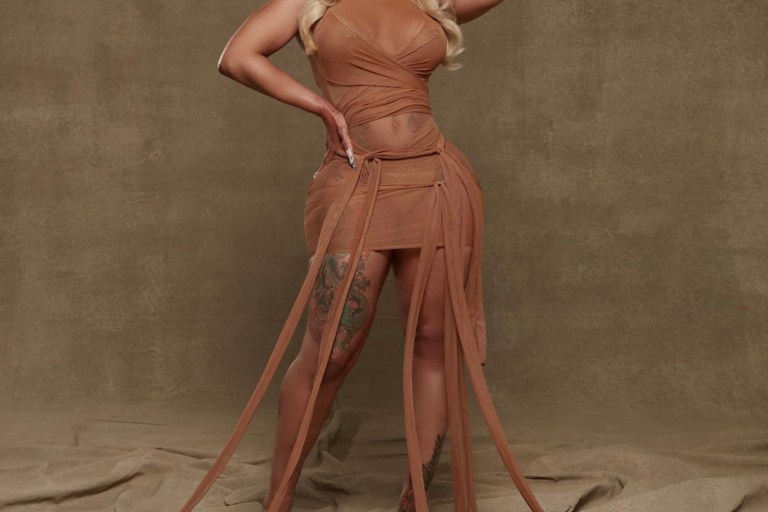 Blac Chyna Wears Fashion Nova Taupe Mesh Strappy Mini Dress During Photoshoot
