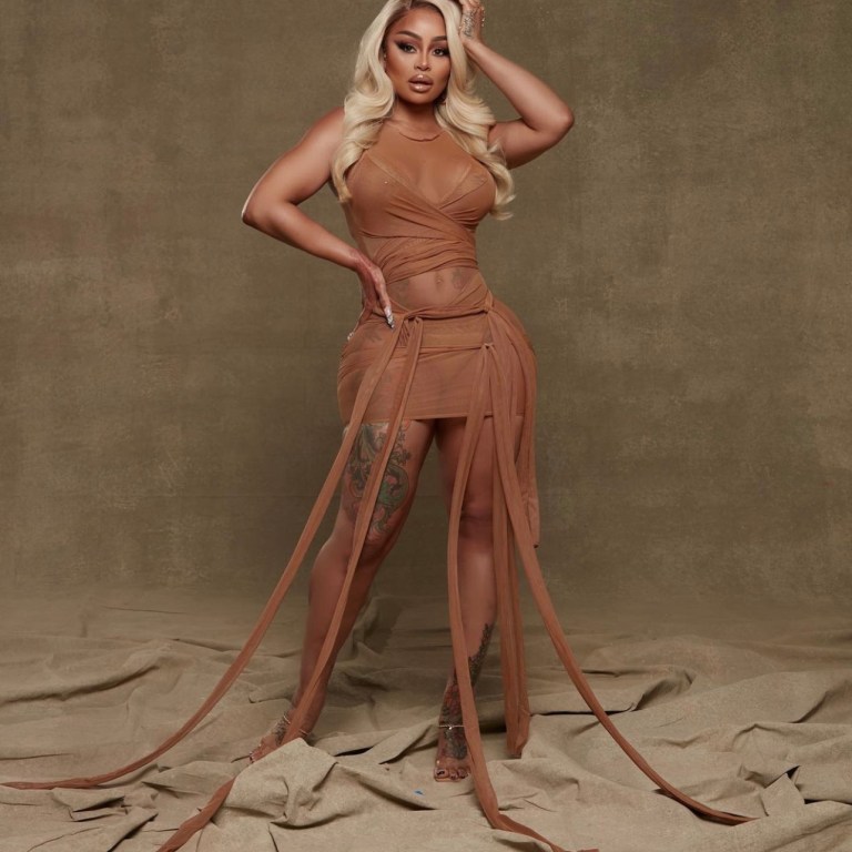 Blac Chyna Wears Fashion Nova Taupe Mesh Strappy Mini Dress During Photoshoot