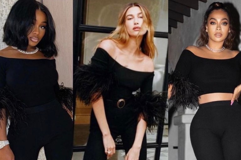 Celebs Love: Jayda Cheaves, Hailey Bieber, and Lala Spotted in Saint Laurent Black Feather Trim Off-the-Shoulder Look