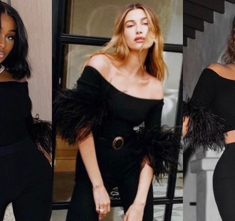 Celebs Love: Jayda Cheaves, Hailey Bieber, and Lala Spotted in Saint Laurent Black Feather Trim Off-the-Shoulder Look