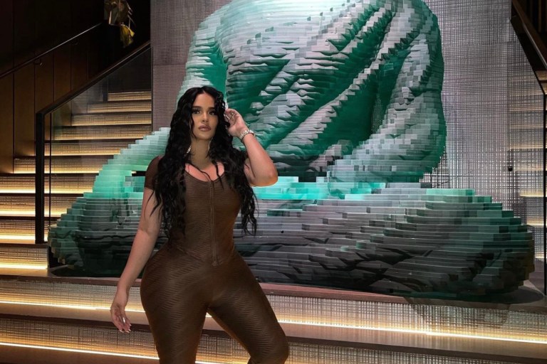 Emily B Wears Fashion Nova Brown Zipper Top and Legging Set for Night Out