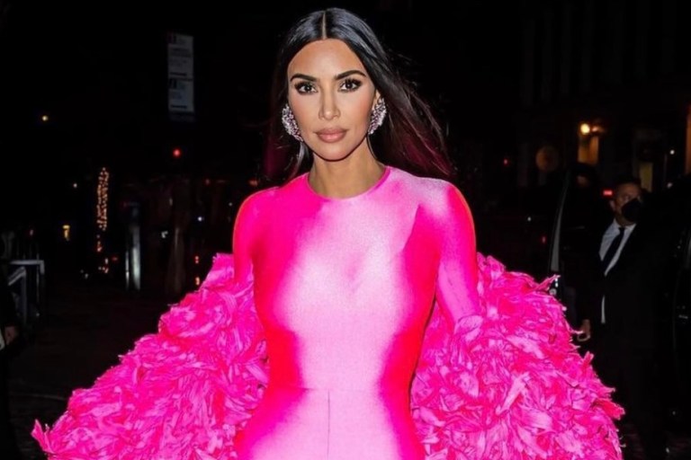 Kim Kardashian Attends ‘Saturday Night Live’ After Party in NYC Wearing Custom Pink Balenciaga Look Including Feather Boa and Jumpsuit
