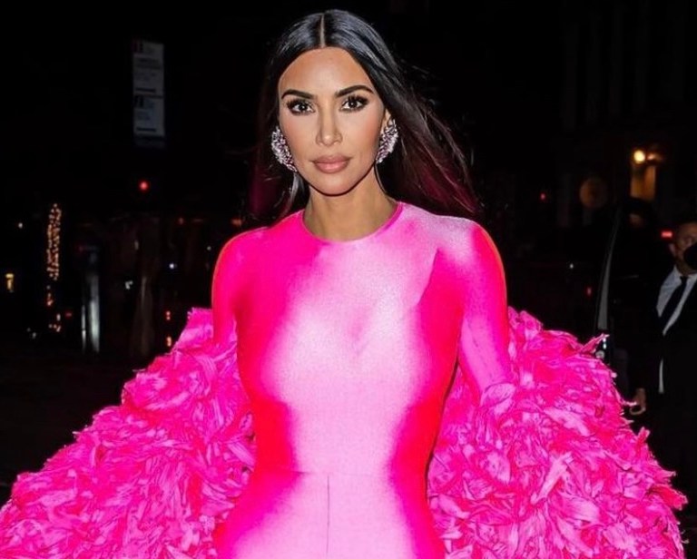 Kim Kardashian Attends ‘Saturday Night Live’ After Party in NYC Wearing Custom Pink Balenciaga Look Including Feather Boa and Jumpsuit