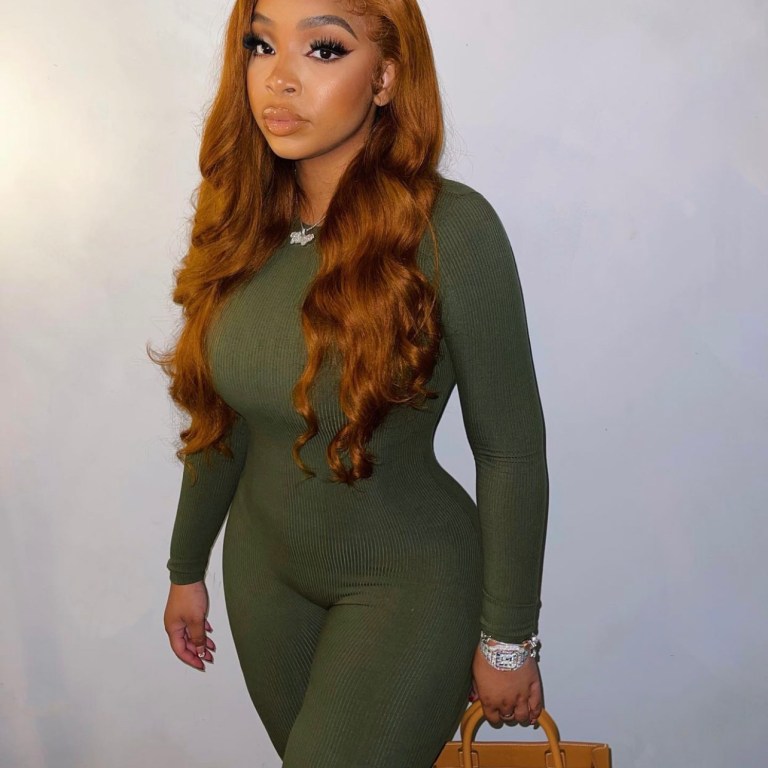 LightSkinKeisha Spied in Fashion Nova Olive Green Ribbed Knit Jumpsuit