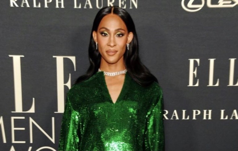 MJ Rodriguez Wears Valentino Green Sequin Feather-Trim Dress to ELLE Magazine’s Women in Hollywood Event