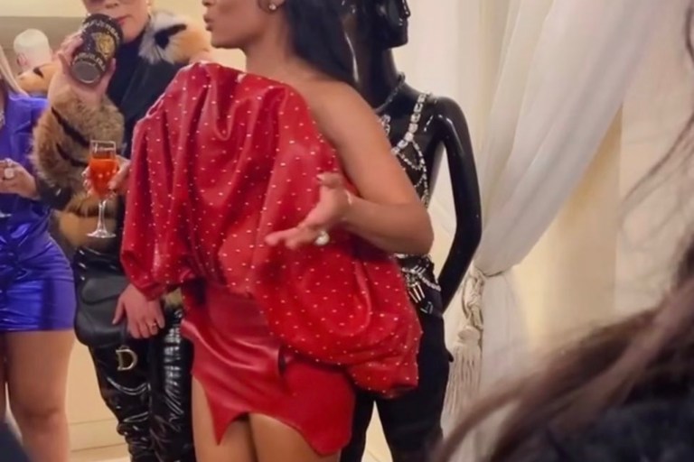 Marlo Hampton Films ‘Real Housewives of Atlanta’ Episode Celebrating Her New Showroom Le’ Archive in Saint Laurent Red Leather Studded Mini Dress
