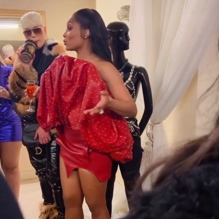 Marlo Hampton Films ‘Real Housewives of Atlanta’ Episode Celebrating Her New Showroom Le’ Archive in Saint Laurent Red Leather Studded Mini Dress