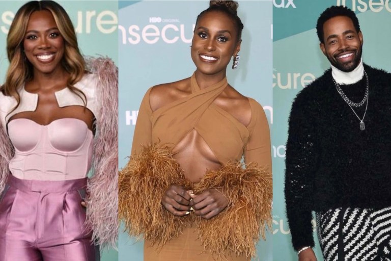 On the Scene at the Insecure Season 5 Premiere in LA: Issa Rae in Rokh Brown Cutout Feather Trim Dress, Yvonne Orji in Greta Constantine Pink Feathered Top and Satin Trousers, Jay Ellis in Amiri Black Mohair Sweater and Knit Pants + More