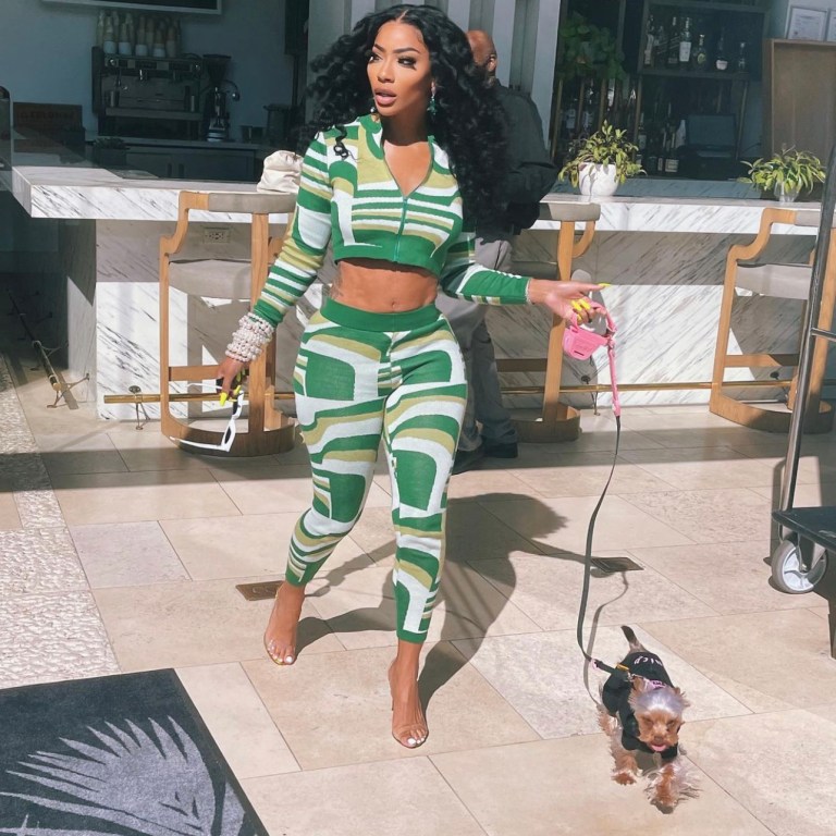 Tommie Spied Walking Her Dog in a Stylish Green Sweater Crop Top and Legging Set From Fashion Nova