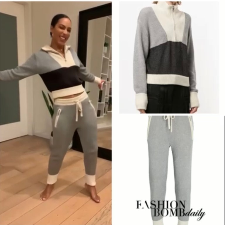 Wardrobe Inquiry: Angela Rye Shows Off Her Dance Moves Wearing 3.1 Phillip Lim Colorblock Knit Zip-Up Sweater and Joggers