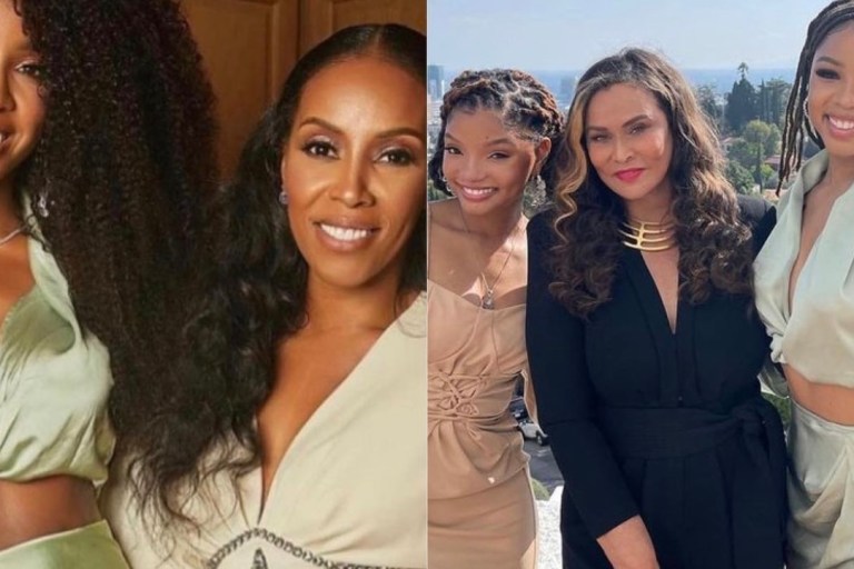 Who Wore It Better: Kelly Rowland and Chlöe Bailey Spotted in the Same House of CB Sage Green Satin Top and Skirt