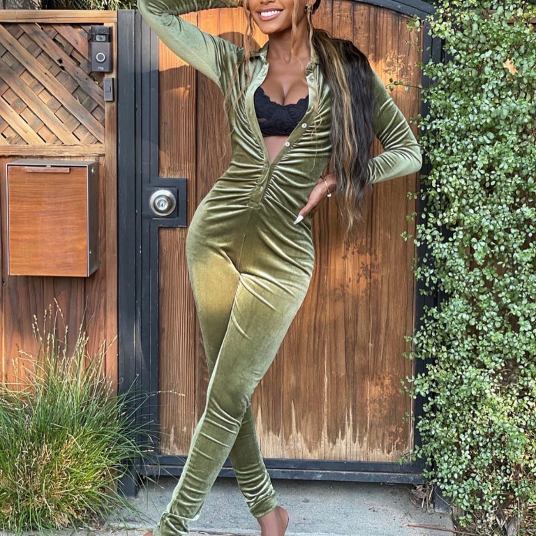 Yahné Coleman Poses in Fashion Nova Green Velvet Ruched Jumpsuit