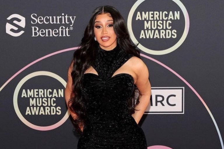 Cardi B Dons Christian Siriano Fall 2021 Black Velvet Shimmer Halter Dress to 2021 AMAs Red Carpet Rollout