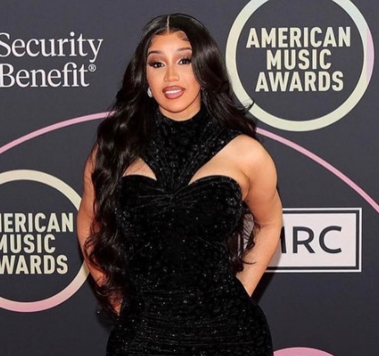 Cardi B Dons Christian Siriano Fall 2021 Black Velvet Shimmer Halter Dress to 2021 AMAs Red Carpet Rollout