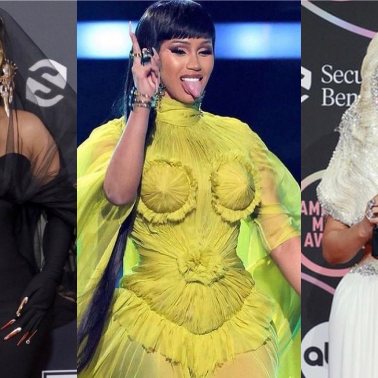 Cardi B Hosts 2021 American Music Awards in Stunning Couture Looks Including Schiaparelli Gold Mask + Black Dress and Veil, Alexandre Vauthier Black Velvet Dress and Feather Headpiece, Jean Paul Gaultier Neon Green Sheer Look and More