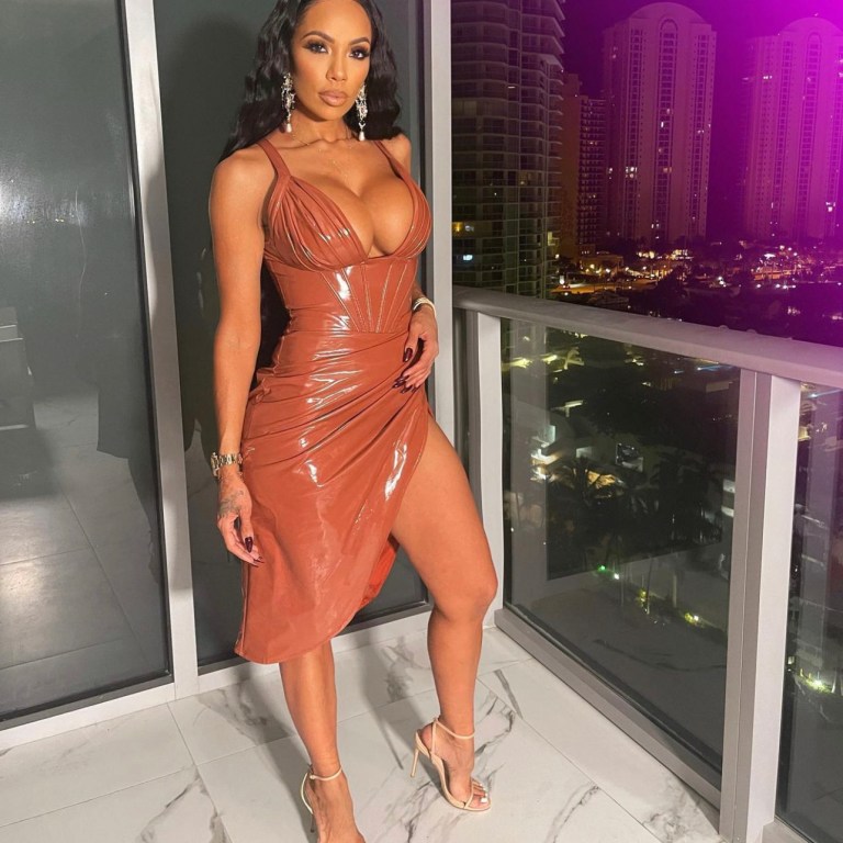 Erica Mena Steps Out in Brown Latex Corset Midi Dress From Fashion Nova