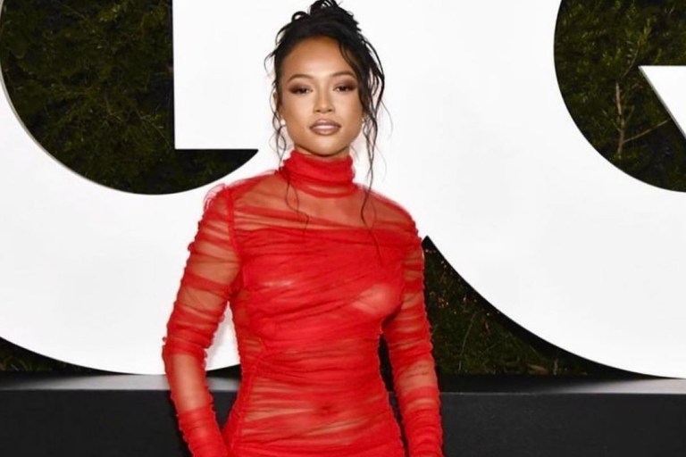 Karrueche Tran Wears Lena Berisha Red Ruched Mesh Dress to the 2021 GQ Men of the Year Awards
