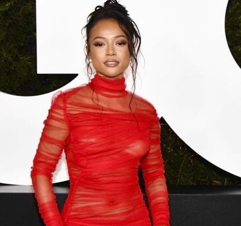 Karrueche Tran Wears Lena Berisha Red Ruched Mesh Dress to the 2021 GQ Men of the Year Awards