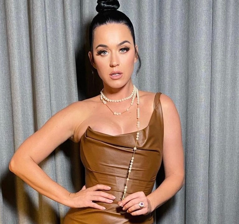 Katy Perry Wears Custom Vivienne Westwood Brown Leather One-Shoulder Dress to the 2021 CMA Awards