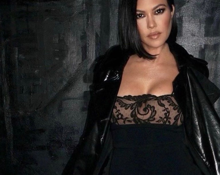 Kourtney Kardashian Attends Simon Huck and Phil Riportella’s Pre-Wedding Party Wearing David Koma Black Lace Trim Mini Dress