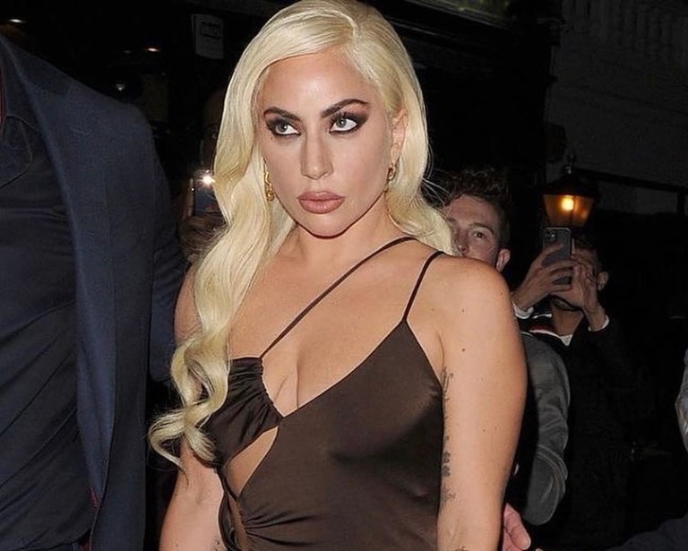 Lady Gaga Wears Custom Et Ochs Brown Silk Cutout Dress to ‘House of Gucci’ Screening in London