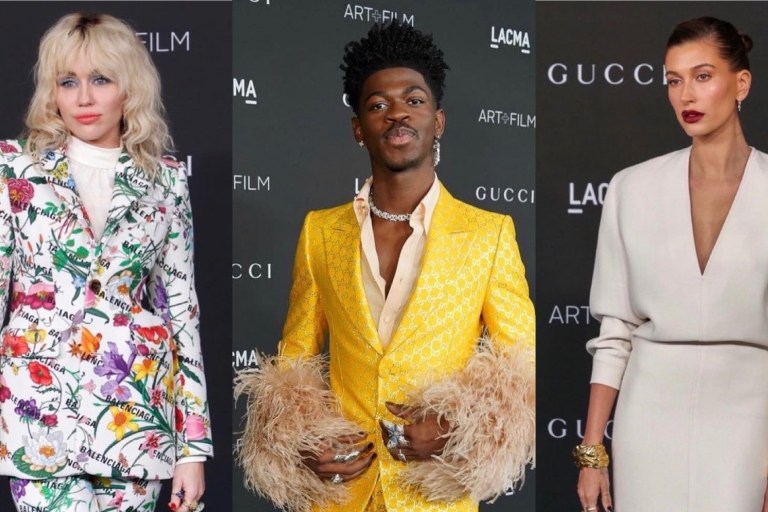 On the Scene at the 2021 LACMA Art+Film Gala Presented by Gucci: Lil Nas X in Gucci, Hailey Bieber in Saint Laurent, Miley Cyrus in Gucci x Balenciaga and More