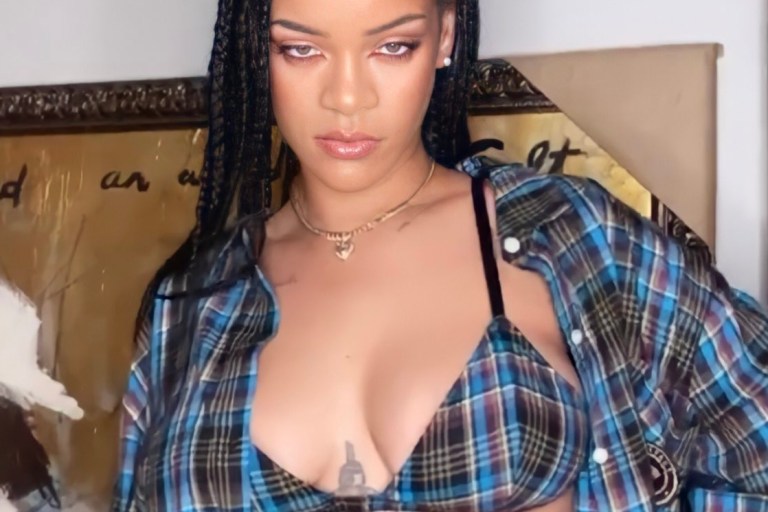 Rihanna Wows in Savage X Fenty Plaid Look Including Bralette, Lace-Up Sleeve Sleep Shirt, Slit-Side Shorts, and Open-Back Pants