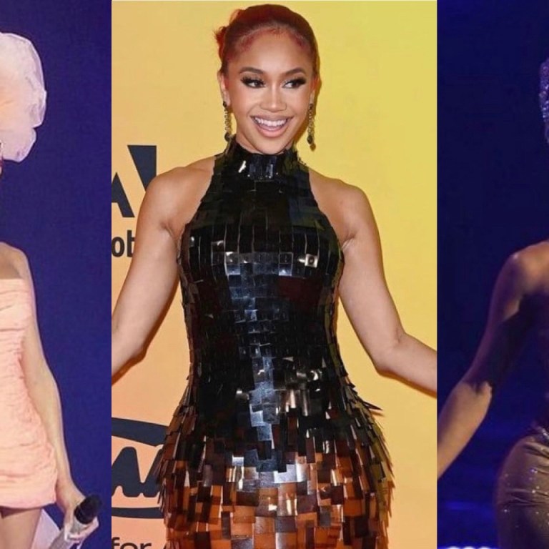 Saweetie Hosts 2021 MTV EMAs in Endless Looks Including Dolce and Gabbana Nude Crystal Two Piece, Givenchy Ombre Sequin Fringe Dress, Giambattista Valli Pink Strapless Tulle Dress and More