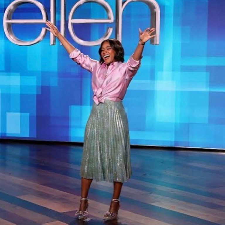 Tiffany Haddish Hosts ‘The Ellen Show’ Wearing Brandon Maxwell Spring/Summer 2022 Pink Checkered Shirt and Green Sequin Pleated Skirt