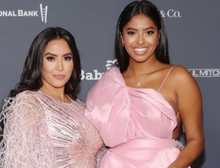 Vanessa Bryant Attends the Baby2Baby Gala With Daughter Natalia Bryant in LA Wearing Pamella Roland Spring/Summer 2022 Pink Feather and Sequin Gown