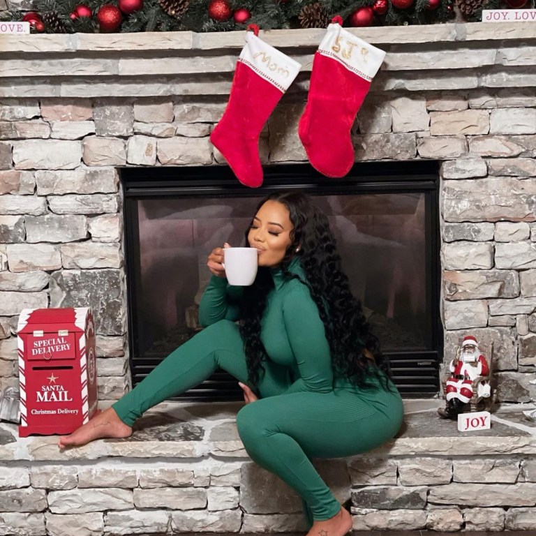 Angela Simmons Celebrates the Holidays Wearing Fashion Nova Green Two Piece Legging Set