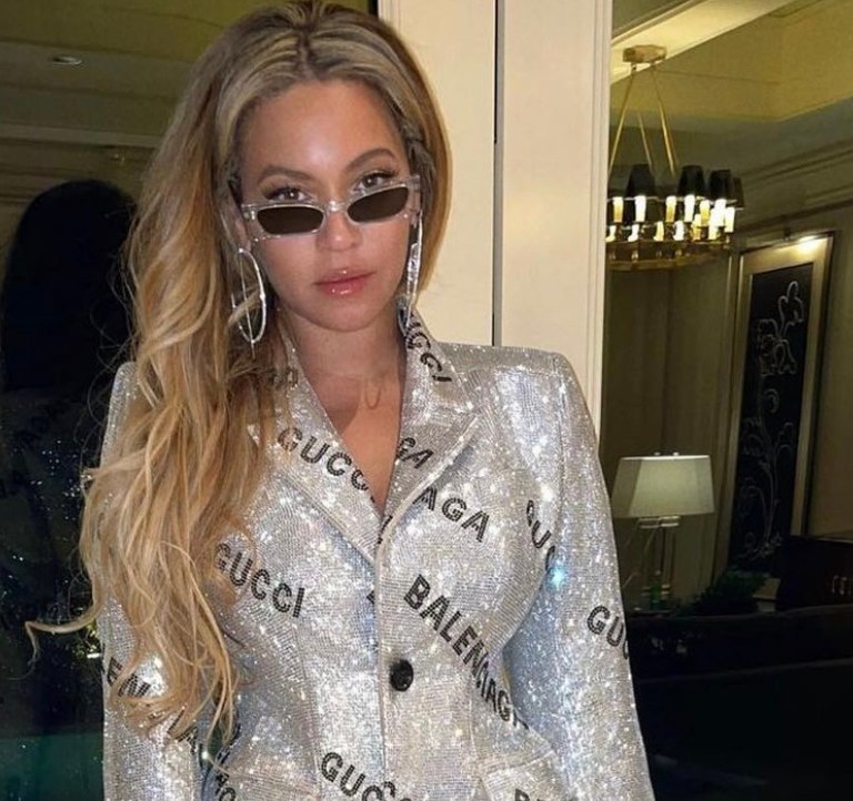Beyoncé Dazzles in Gucci x Balenciaga Silver Crystal Blazer Jacket, Pantaleggings, Gloves, and Heart Handbag for Jay-Z’s Las Vegas Birthday Celebration