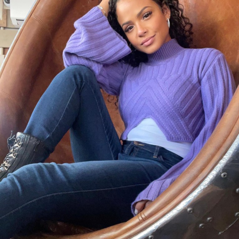 Christina Milian Gets Cozy in Fashion Nova Purple Cropped Sweater