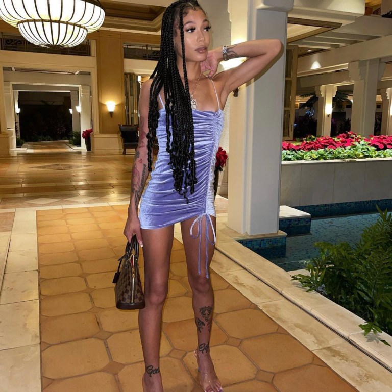 Coi Leray Steps Out for Night Out in Maui Wearing Fashion Nova Light Purple Ruched Velvet Mini Dress