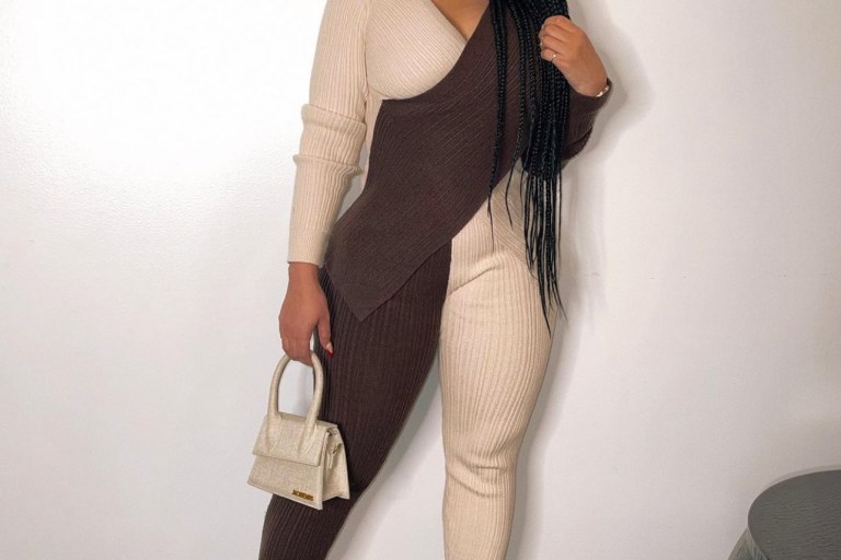 Emily B Wears Fashion Nova Brown and Cream Colorblock Sweater Legging Set