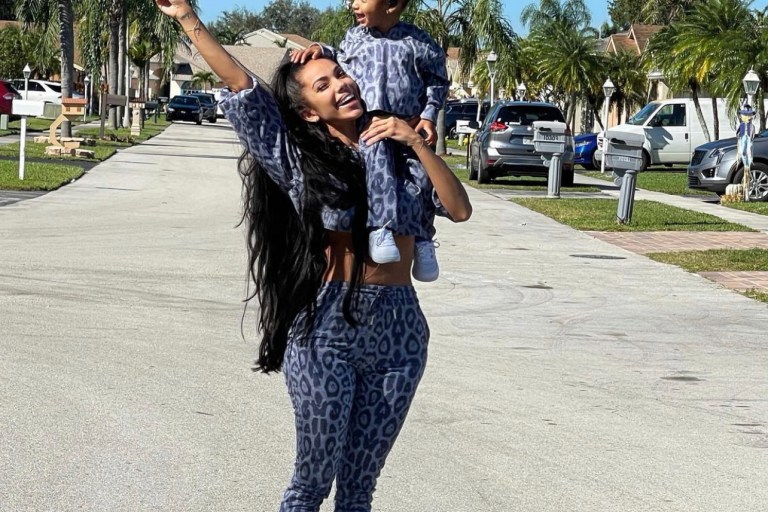 Erica Mena and Daughter Safire Rock Matching Fashion Nova Blue Leopard Print Jogger Sets