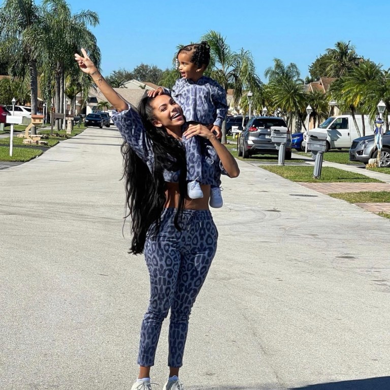 Erica Mena and Daughter Safire Rock Matching Fashion Nova Blue Leopard Print Jogger Sets