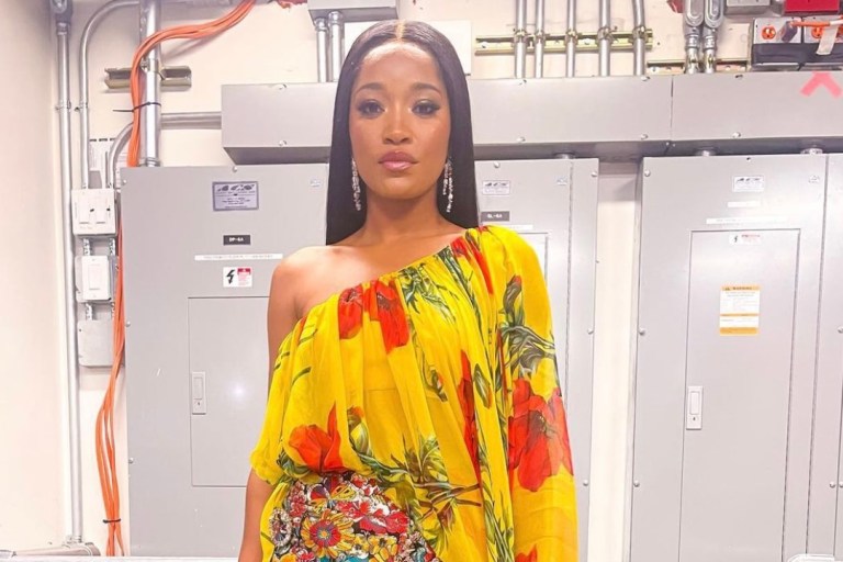 Keke Palmer Appears on ‘The Tonight Show’ With Jimmy Fallon Wearing Dolce and Gabbana Yellow Floral Print One-Shoulder Top and Embellished Mini Skirt