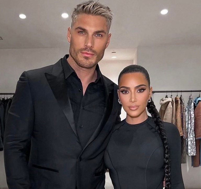 Kim Kardashian Poses With Hairstylist Chris Appleton Wearing Balenciaga Black Top and Leggings Look
