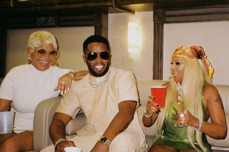 Mary J. Blige Rocks Fannie Schiavoni Green Chainmail Mini Dress While Hanging Out With Diddy, Misa Hylton in Fendi x Skims Cream Logo Mini Dress, and Trina in Phillip Plein Neon Crystal Plunge Bodysuit