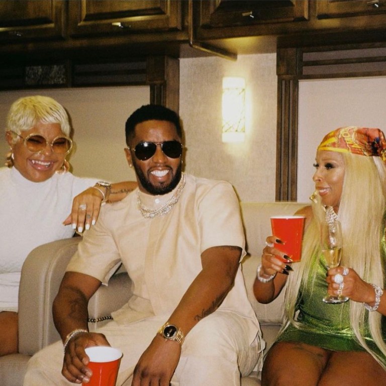 Mary J. Blige Rocks Fannie Schiavoni Green Chainmail Mini Dress While Hanging Out With Diddy, Misa Hylton in Fendi x Skims Cream Logo Mini Dress, and Trina in Phillip Plein Neon Crystal Plunge Bodysuit