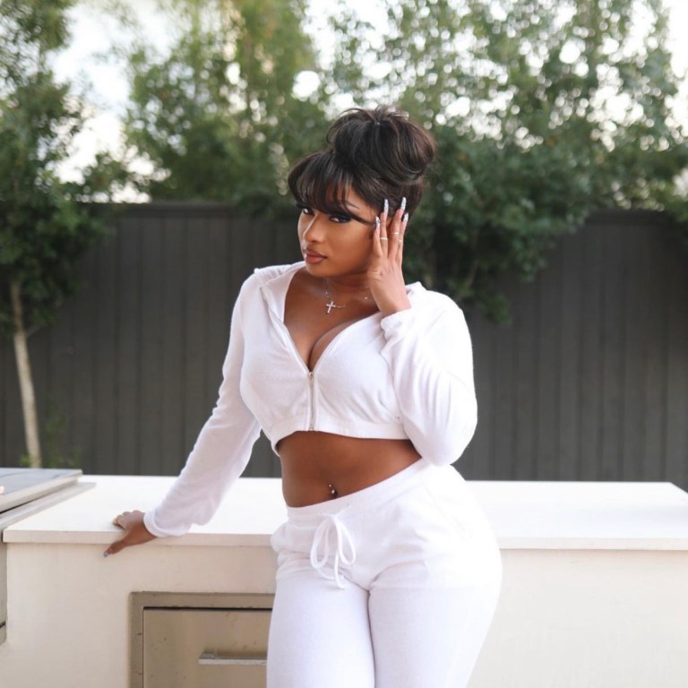 Megan Thee Stallion Spotted in Fashion Nova White Jogger Set