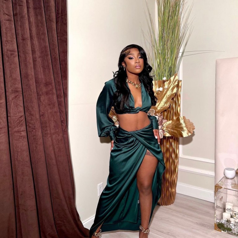 Ti Taylor Stuns in Fashion Nova Emerald Green Satin Skirt Set
