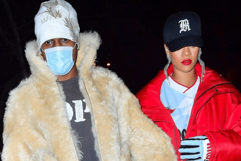 ASAP Rocky and Rihanna Hit the New York Streets, with Rihanna Wearing Red Coat and Miu Miu Logo Leather Gloves