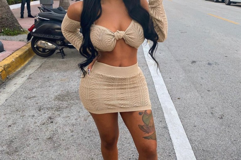 Alexis Skyy Wears Fashion Nova Beige Sweater Skirt Set While in Miami