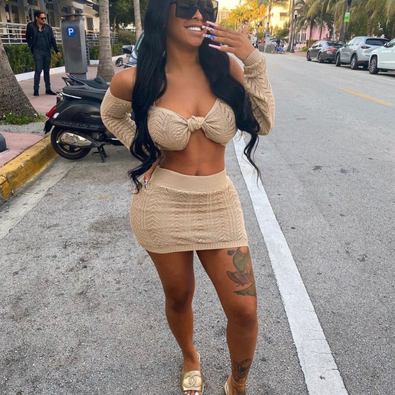 Alexis Skyy Wears Fashion Nova Beige Sweater Skirt Set While in Miami