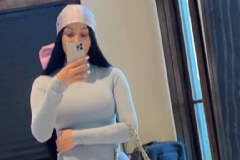 Cardi B Spotted Shopping With Offset in JLUXLABEL Sage Green Jumpsuit, Chanel Headscarf and Mint Green Bag, and Givenchy Grey Shark Lock Boots