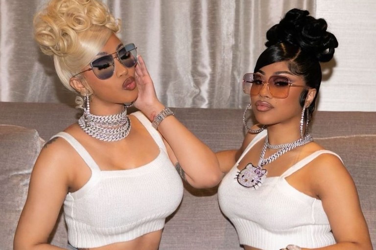 Cardi B and Hennessy Carolina Pose in Pink and Blue Chanel Leggings and Sybgco Giant Crystal Hoops