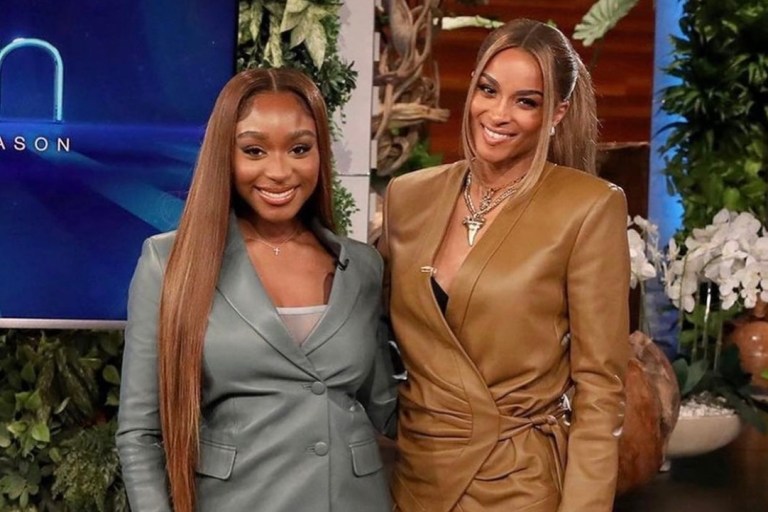 Ciara Hosts ‘Ellen’ Show Wearing Balmain Brown Leather Wrap Jacket and Cropped Paperbag Pants: Normani Guest Stars Wearing Off-White Teal Blue Leather Blazer and Mini Skirt